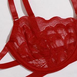 Conjunto de lencería sexy de encaje transparente para mujer, con escote profundo en V, tirantes que dejan ver la cadera, conjunto de lencería erótica de tres piezas con bragas. - Product Image 3