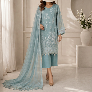Ensemble de 3 pièces en mousseline de soie de haute qualité pour femmes, robes brodées pour les occasions spéciales et les soirées - Product Image 1