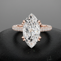 Anillo de compromiso y aniversario de lujo con diamante cultivado en laboratorio con corte marquesa, certificado IGI, E VVS2, oro macizo, halo oculto y doble punta.