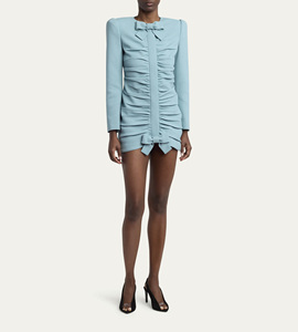 Abito Blazer Blu Chiaro con Dettaglio Fiocco Arricciato, Maniche Lunghe, Vestito Mini Elegante per Donna, Ideale per Feste e Cocktail - Product Image 1