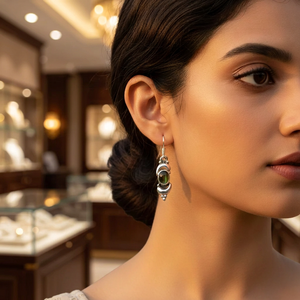 Women's Vintage Tibetan Silver Drop Earrings with <b>Emerald</b> Cut Green Stone Bezel Setting for Wedding Brand a - Product Image 3