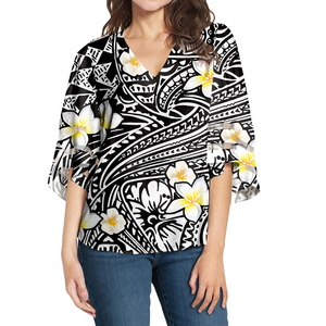 Blus lembut bermotif bunga kerah V yang cantik kemeja longgar kasual atasan sifon lengan lonceng pakaian belanja perjalanan wanita gaya Polinesia - Product Image 5