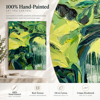Peinture abstraite de paysage de grotte, vert citron, jaune, gouttes en cascade, bleu sarcelle profond, charbon de bois, peinte gestuellement à la main sur toile