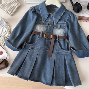 Nuovo Vestito in Denim alla Moda 2026 per Bambine, Manica Lunga, Stile Coreano, Colletto Rovesciato, Vita Stretta, Tinta Unita, Primavera Autunno - Product Image 1