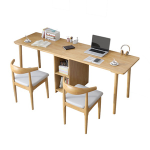 Nordic Solid Wood Double <b>Desk</b> With Bookshelf Integrated Home Office Computer Table For Bedroom And Study Space - Product Image 4