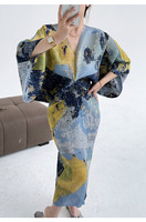 Robe plissée style Miyake pour femme, à manches chauve-souris longues, dégradé de couleurs, imprimée, à franges, grande taille, décontractée et élégante