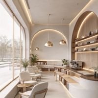 Mobilier de café commercial haut de gamme, bois massif, MDF, contreplaqué, verre, métal, présentoirs, design intérieur personnalisé pour café
