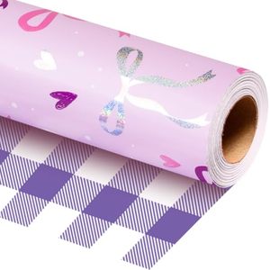 Papel de Regalo de Cumpleaños Reversible Rosa con Diseño Holográfico Láser de Corazones y Cuadros para Manualidades Diarias y San Valentín - Product Image 1