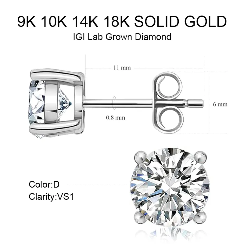IGI CVD 0.3CT 0.5CT 1CT 2CT D VS1 14K Gold Four Claws Stud Classic Design Lab Grown Diamond Earring