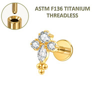 Boucles d'oreilles clous en titane G23 sans filetage Freya pour femme, piercing labret à dos plat pour tragus, hélix et cartilage