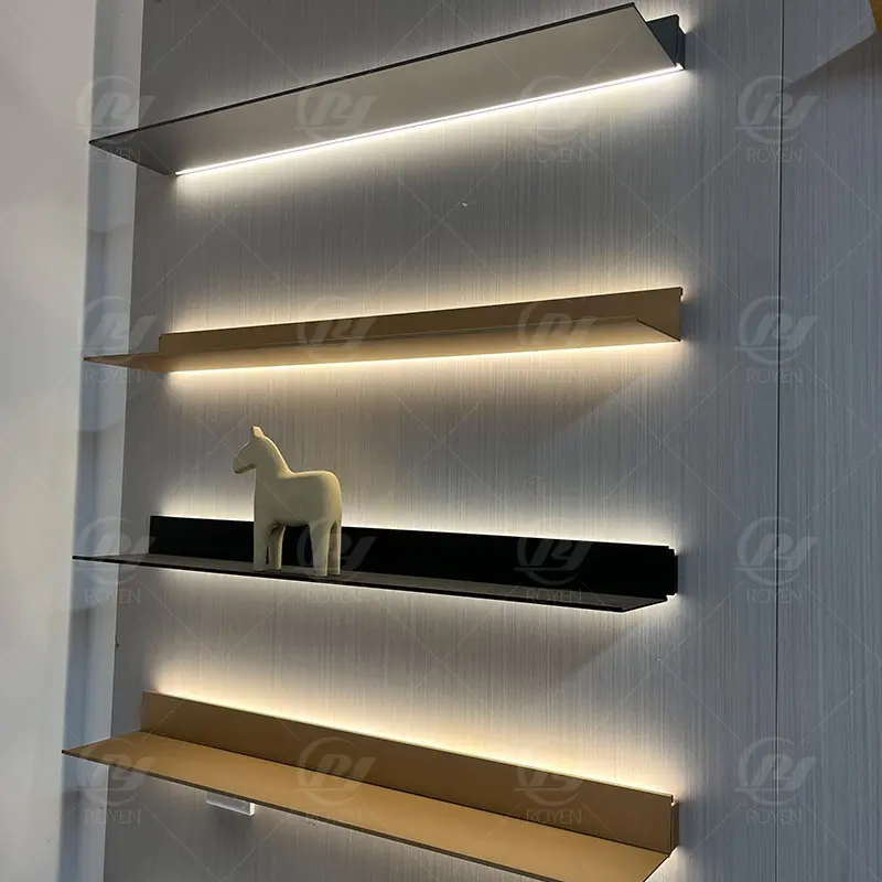 Современная настенная алюминиевая плавающая стойка для стеллажа со светодиодными лампами