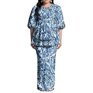 فستان نسائي بتصميم فن جزر المحيط الهادئ بأكمام منتفخة وشق خلفي، فستان بوليتاسي مخصص من تونغا وساموا مع كشكشة، طقم من قطعتين (بلوزة طويلة وتنورة) - Product Image 4