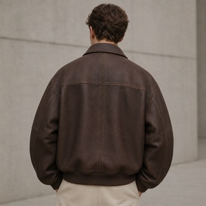 Blouson Bomber Ample et Décontracté Marron en Similicuir à Col Rabattu Entièrement Zippé, Manches Longues, Style Vintage - Product Image 6