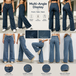 Jeans da Donna a Vita Alta, Gamba Larga, Blu Scuro, Lunghezza Intera, Vestibilità Comoda, Tinta Unita, in Cotone Lavato, Traspiranti, Stile Autunnale - Product Image 3