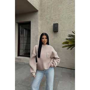 Sweat-shirt en soie beige pour femme, taille XS, avec broderie élégante 'E', col montant, impression en relief, léger, pour l'automne - Product Image 5