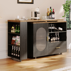 Îlot de cuisine extensible avec plan de travail en bois foncé, armoire frontale en verre noir, étagères de rangement et roulettes - Product Image 5