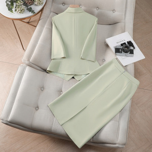 Women's Green Suit Set Three Quarter Sleeve Midi Skirt Elegant Business Leisure Satin Two Piece Outfit - Product Image 4