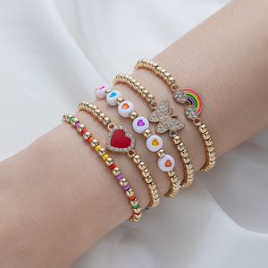 New Trendy Fashion Gold Beads Beaded Stretch <b>Bracelet</b> With <b>Cute</b> Colorful Enamel Heart Charm <b>Bracelets</b> for Women Girls - Product Image 5