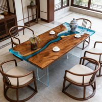 Table à café/thé/salle à manger de style minimaliste en résine époxy, plateau en bois massif à motif ondulé, meubles de salon