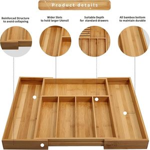 Organizador de cajones de bambú, bandeja para cubiertos expandible con divisiones para cocina, dormitorio, sala de estar - Product Image 3