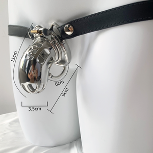 Pantalones de cuero ajustables para hombres, Juguetes sexuales con cerradura de <span class=keywords><strong>castidad</strong></span> de acero inoxidable, jaula de metal para pájaros, bloqueo de pene - Product Image 6