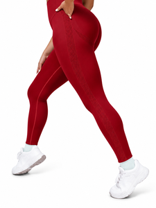 High Waist Red Yoga <b>Leggings</b> Full Length Seamless Side Stripe Contrast <b>Stitch</b> Four-Way Stretch Pants - Product Image 1