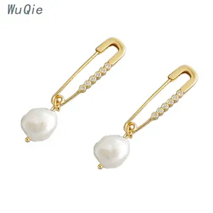 Wuqie独特银925全CZ别针回形针耳环配巴洛克珍珠银饰品耳环