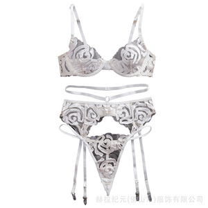 Ensemble de lingerie de mariée de luxe blanc, broderie florale, soutien-gorge, culotte, jarretière, sans armatures, maille, taille basse, bretelles réglables, léger - Product Image 6