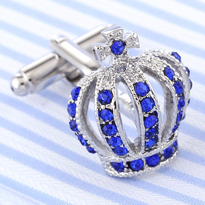 Boutons de <span class=keywords><strong>manchette</strong></span> rétro pour <span class=keywords><strong>chemise</strong></span> française, style costume <span class=keywords><strong>homme</strong></span>, motif diamant bleu, avec cristaux et strass en laiton argenté et doré, motif couronne - Product Image 5