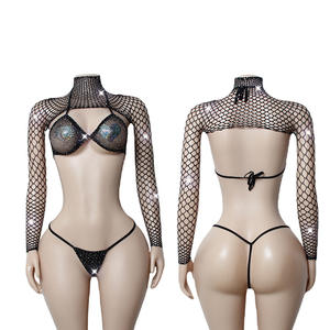 Strass Sexy Hochgeschlossenes Transparentes Mesh Langarm-Oberteil 3-Teiliges Set Damen Tanga Bikini Badeanzug - Product Image 5