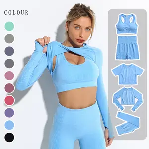 Conjunto esportivo de manga longa 5 peças, roupas de treino femininas, academia, legging, sutiã sem costura, crop top manga comprida, conjunto de yoga