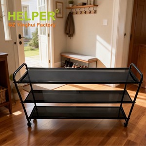 Helper Metal Shoe Rack 3 Tier Black Fabric Mesh Portable Storage Living Room - Product Image 1