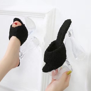 Crystal Thick High Heel Shoes Summer Sexy <b>Sandals</b> for Lady Outdoor Slides Slip-on Round Toe Soft Fur Slipper - Product Image 5