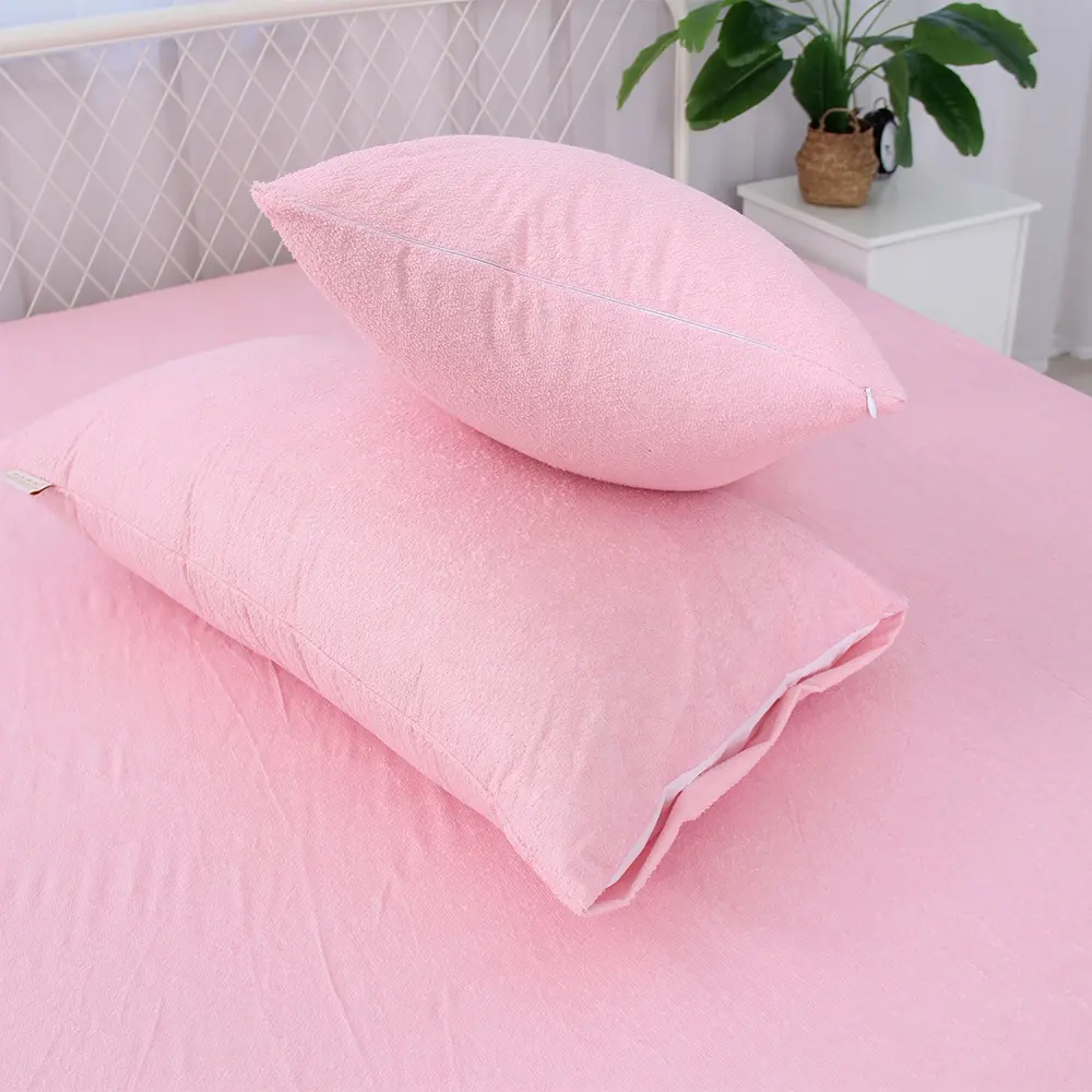 Protector de colchón impermeable de alta calidad de la mejor venta, Funda de colchón de felpa de algodón rosa sólido
