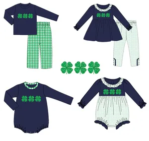 2023 St Patricks 일 어린이 옷 네 잎 클로버 프랑스어 매듭 아이 아기 의류 의상