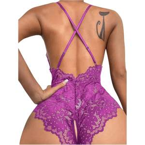 Body Teddy Femme Personnalisé en Dentelle, Décolleté Plongeant en V, Dos Nu Croisé, Mini-Bodysuit à Motif Floral, Ajustement Élastique - Product Image 1