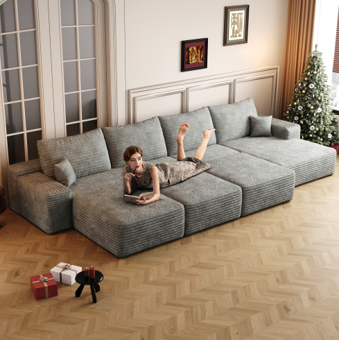 Canapé-lit - Chaise droite - 3 places - 3 poufs (Gris)