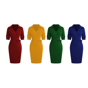 Abito <span class=keywords><strong>in</strong></span> Maglia Elegante da Donna con Colletto Rovesciato, <span class=keywords><strong>Vestito</strong></span> Aderente con Fiocco e Maniche Corte, Produzione OEM ODM Personalizzata - Product Image 1