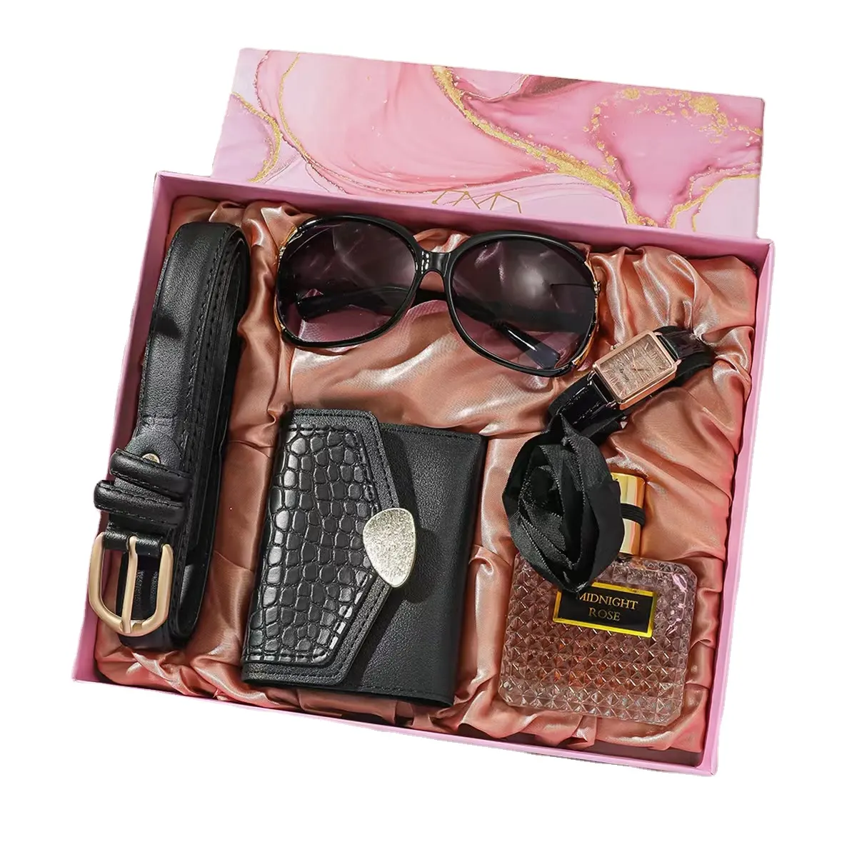 Conjunto de presentes para mulheres, venda quente de item de couro para mulheres, presentes de negócios, joias, conjunto com cinto + bolsa + perfume + óculos de sol