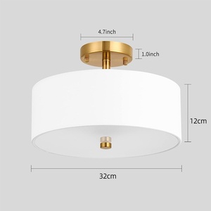 Modern 2-<b>Light</b> Semi <b>Flush</b> <b>Mount</b> Indoor <b>Ceiling</b> <b>Light</b> Brass Fixture with Linen Fabric 1 50" Drum for Living Room Natural Style - Product Image 4