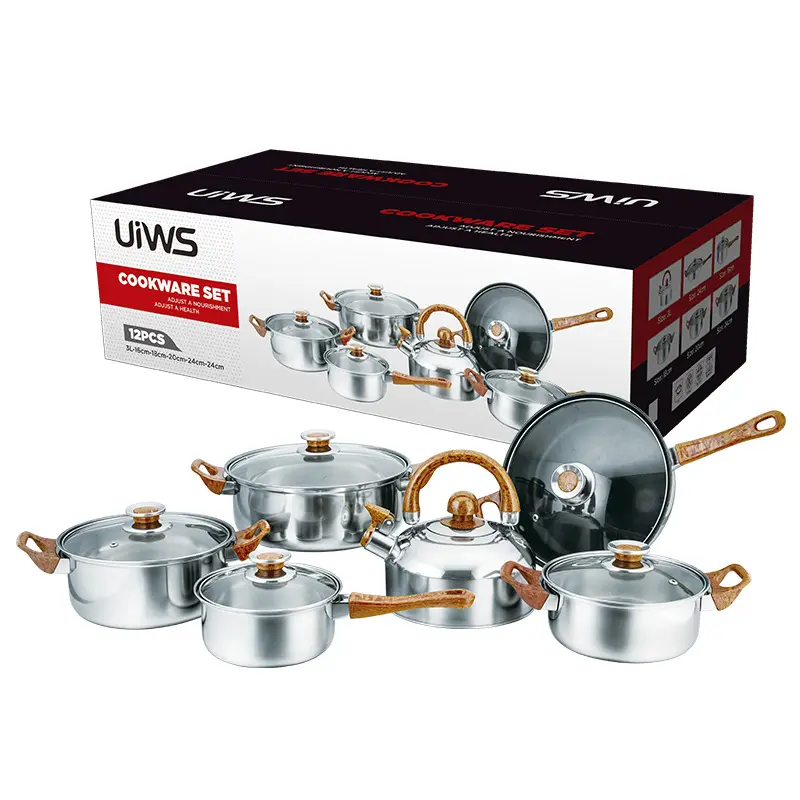 Set panci Stainless steel 12 buah, panci gagang serbuk kayu kombinasi dapur memasak anti lengket