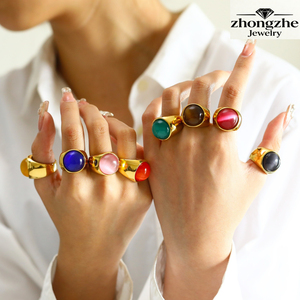 Bague de mariage anti-ternissement en acier inoxydable plaqué or 18 carats avec pierre œil de chat colorée et étanche, par Zhongzhe Fashion - Product Image 1