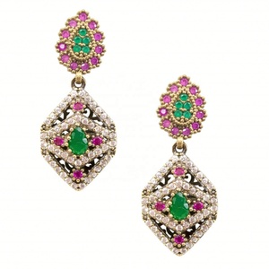 Bijoux fantaisie, boucles d'oreilles pendantes géométriques en émeraude et rubis, laiton plaqué or rose, unisexe, anniversaire - Product Image 1