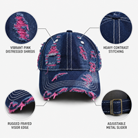 Vintage gescheurde 100% katoenen denim baseballcap, gewassen, roze, met rafelranden, contrast stiksels, verstelbare sportcap