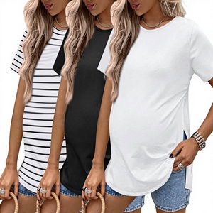 Ekouaer Paquete de 3 camisetas de maternidad a rayas, tela suave, manga corta, cuello redondo, abertura lateral, tops de embarazo, jersey largo informal - Product Image 3