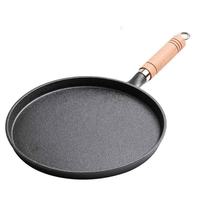 Wajan Pancake Besi Cor Tebal Anti Lengket dengan Gagang Kayu, Kompatibel dengan Kompor Gas, Desain Dasar Rata Modern