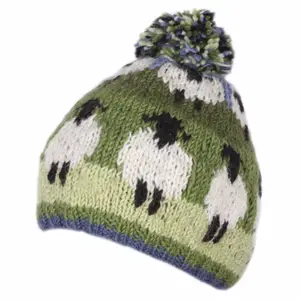 2023 High quality knit green sheep beanie custom warm winter hat for women knit classic pom beanie for adult