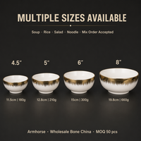 Lot de bols en céramique de luxe en porcelaine fine avec bordure dorée électroplaquée, tailles 4.5, 5, 6, 8 pouces, pour soupes et riz, idéal pour hôtels, restaurants et mariages.