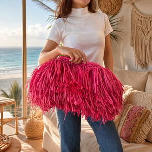 Borsa Clutch Grande in Rafia Fatta a Mano, Borse da Spiaggia Boho all'<span class=keywords><strong>Uncinetto</strong></span>, Borse a Spalla per Donne - Product Image 5