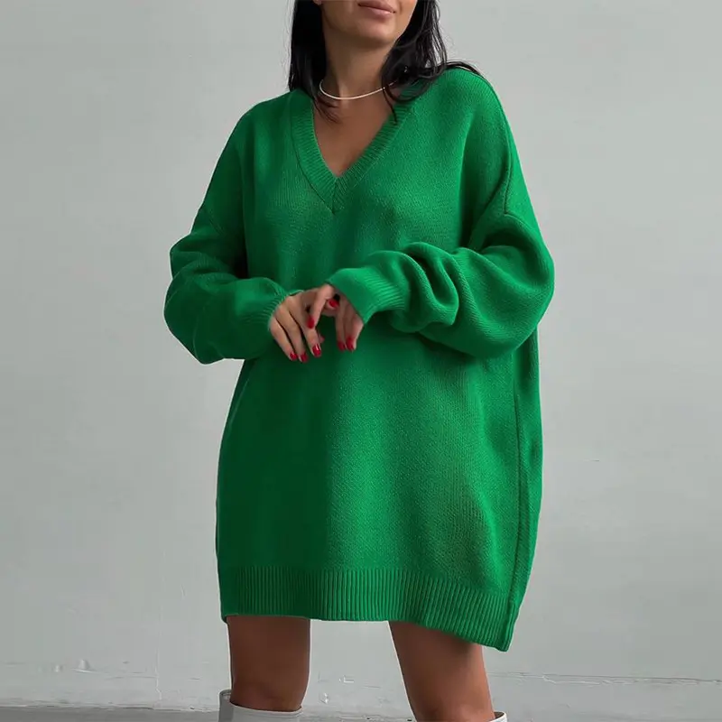 Suéter informal holgado de manga larga para mujer, suéter de punto verde con cuello en V para invierno, novedad de 2022
